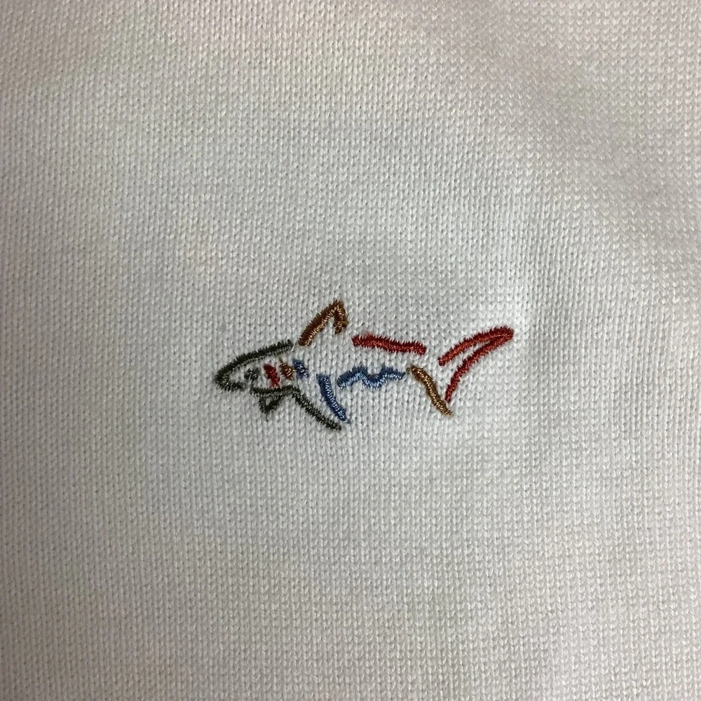Greg Norman Mens XL White V-Neck Golf Sweater Vest Shark Logo Blue Pink Trim